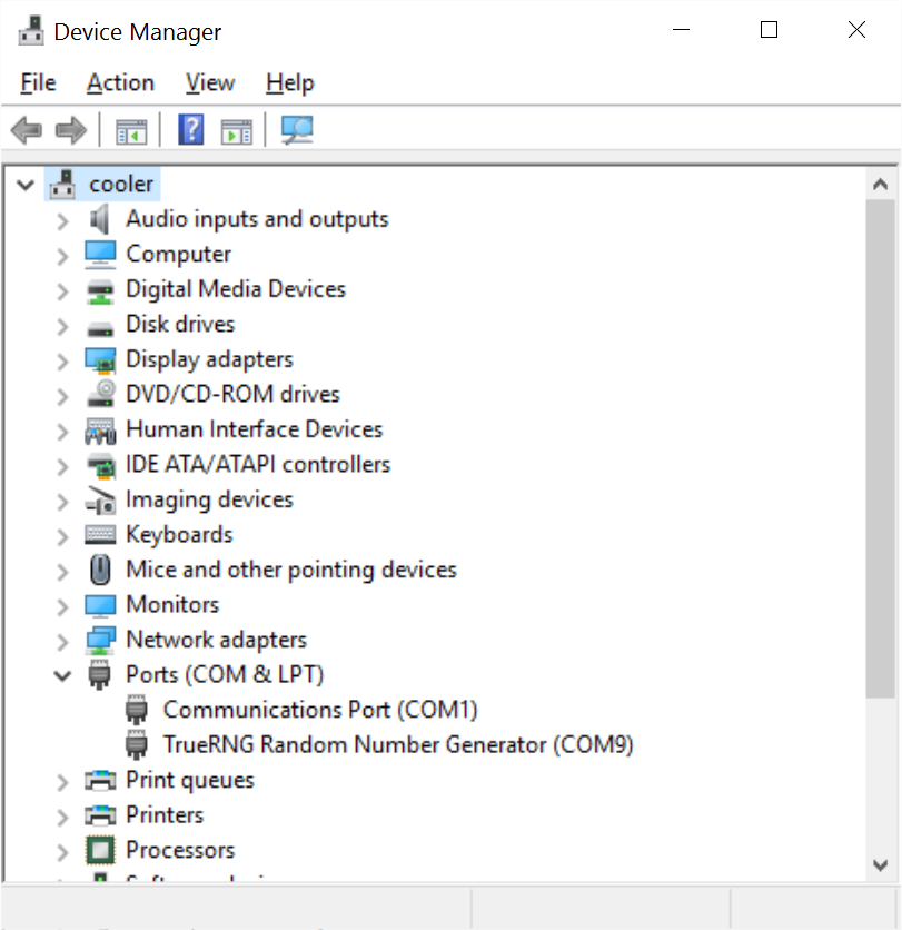 Screenshot of TrueRNG in Device Manager in Win 10