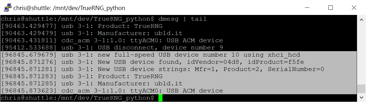 Screenshot of TrueRNG in dmesg on Ubuntu Linux 16.04.1 LTS