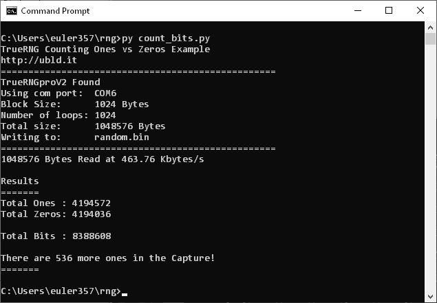 Screenshot of Windows 10 Python count_bits example running with TrueRNGpro