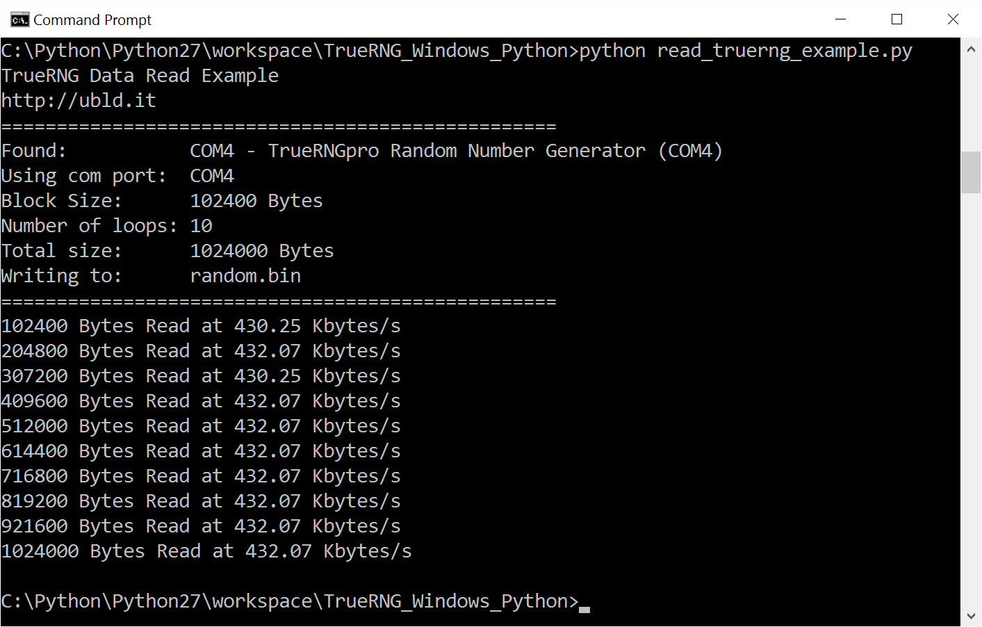 Screenshot of Windows 10 Python example running with TrueRNGpro